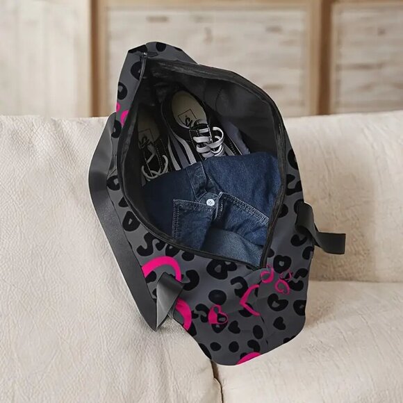 Large Capacity Polyester Tote Bag with Red Heart Leopard Print - Picture 3 of 5